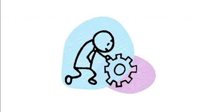 An animated hand drawn businessman pushing a cog gear. Perfect for business progress, effort, hard work, momentum, and operational drive concepts.