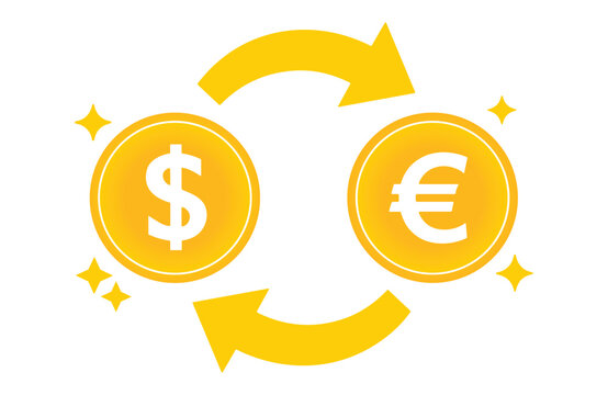 Currency Exchange Icon: A stylized illustration depicting the exchange between US Dollar and Euro currencies, with circular arrows indicating the reciprocal flow, surrounded by sparkling accents.