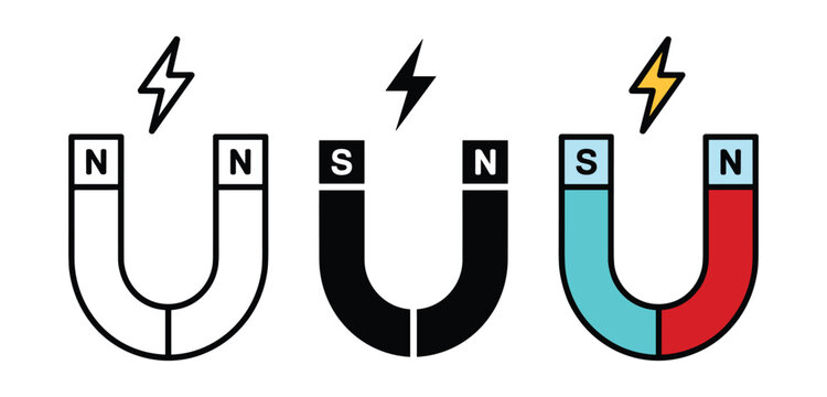Horseshoe Magnets: A graphic representation of three horseshoe magnets, showcasing their poles and magnetic force, with lightning bolts indicating their power.