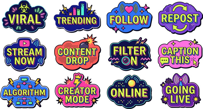 Social media and content creation vector sticker pack with trending algorithm illustration colorful commercial marketing template creative internet communication platform engagement