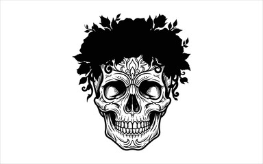 Fototapeta premium Black and White Skull Illustration with Artistic Detailing