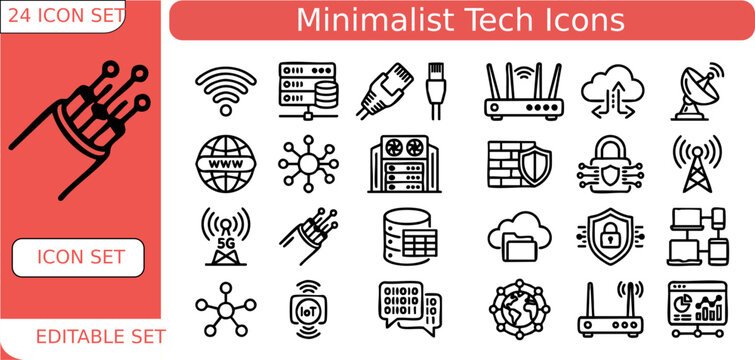 Minimalist Tech Icon Set With Editable Network Connectivity Data Symbols