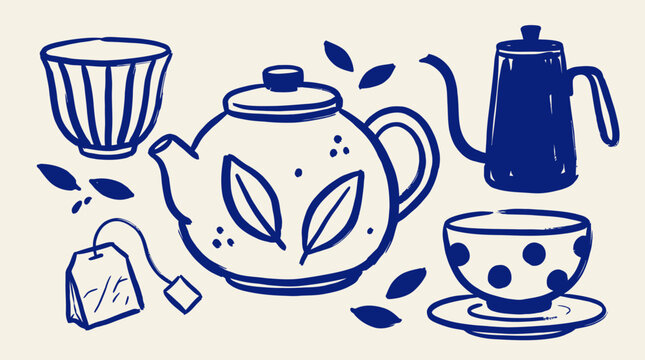 Blue and white vector illustration of tea pots cups and tea bags with beverage illustration breakfast infusion collection ceremony container