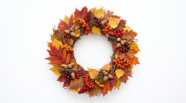 Round autumn leaf wreath with berries on white background.