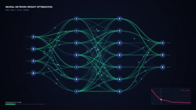 Neural Network Weight Optimization Process with Glowing Data Nodes and Flowing Lines Motion