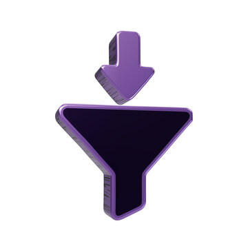 Purple 3D filter funnel icon with downward arrow for data processing download arrow 3D graphic filtering sign selection icon web design UI icon UX icon 3D graphic funnel symbol sorting symbo