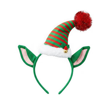 Christmas elf headband with green and red striped hat and ears isolated on transparent background