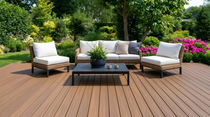 Fototapeta premium Deck with outdoor living furniture in a lush garden