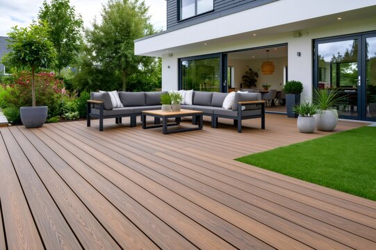 Modern house backyard featuring large composite deck and patio furniture