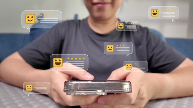 Customer review rating on smartphone with user giving five star feedback for customer satisfaction and service evaluation concept.