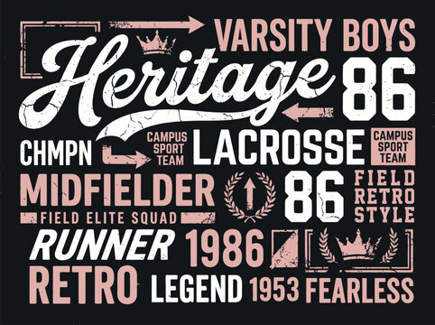 Retro lacrosse typography poster with vintage sports elements lacrosse heritage typography midfielder champion composition creative decoration illustration isolated template