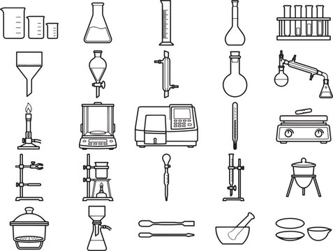 A collection of detailed line art illustrations depicts various laboratory equipment and scientific instruments, essential tools for chemistry and research.