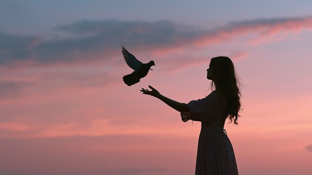 The silhouette of a woman releasing a dove into the nite sky represents liberation, optimism, and fresh starts.