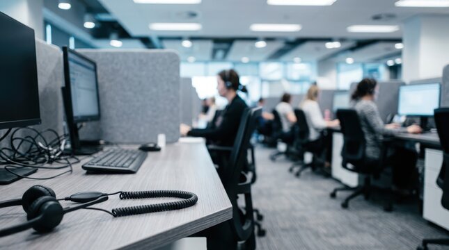 Busy modern call center with rows of diverse customer service representatives wearing headsets and working on computers in open office environment.