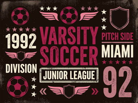 Varsity soccer vintage sports typography design vector with athletic typography football collegiate division illustration distressed sportswear university competition nineteen