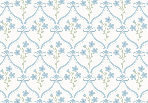 Charming vintage seamless pattern with blue forget me not floral bouquets and cute ribbon bows on elegant damask lattice ornament. Retro vector background for baby textile, nursery decor and wedding 