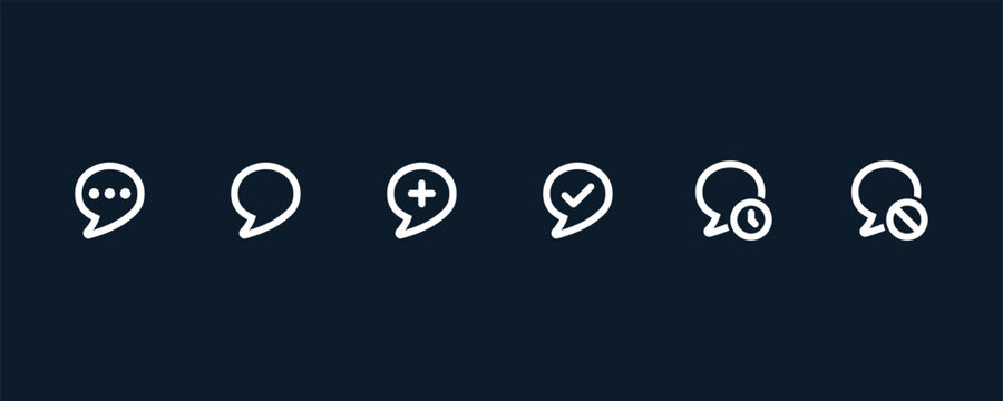 Minimalist speech bubble icon set featuring white line art on dark background for intuitive digital communication navigation and user interface design projects.