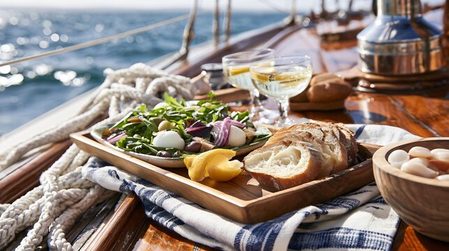 A luxurious sailboat picnic featuring Salad Nicoise arranged beside nautical ropes, polished wood, and ocean views