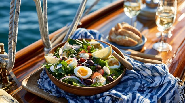 A luxurious sailboat picnic featuring Salad Nicoise arranged beside nautical ropes, polished wood, and ocean views