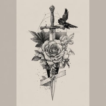 Detailed black and grey fine line tattoo on a forearm with dotwork shading, botanical and geometric elements. Modern blackwork body art for tattoo studios, portfolios and social media.