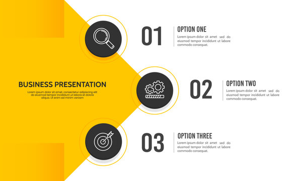 Business Presentation Yellow Modern Infographic Design with 3 Options. Plan, Strategy and Report. Vector illustration.