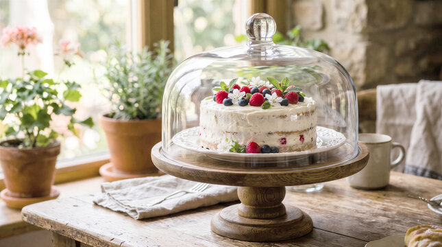 Homemade cake with berries and cream under a glass dome stand