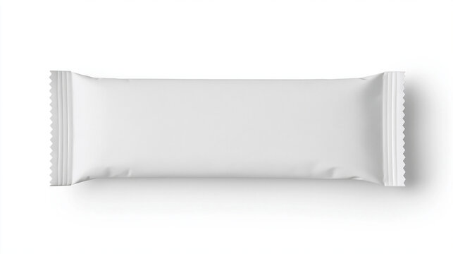 Blank white snack bar package displayed prominently on clean isolated background, mockup design template for protein bar, chocolate, or candy wrapper