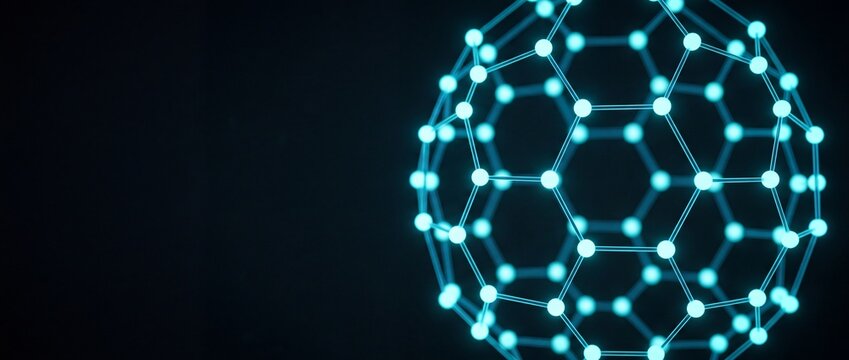 Glowing blue fullerene buckyball molecular structure representing carbon nanotechnology and chemical bonding in dark background space.