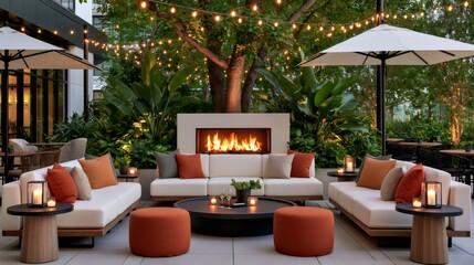 Fototapeta premium Luxury outdoor patio lounge with modern fireplace at night
