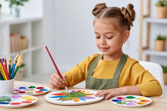 Little girl painting at home developing creativity