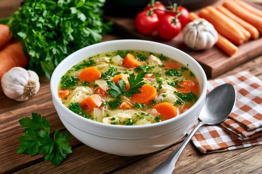 Chicken noodle soup on rustic wooden table