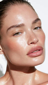 Woman feeling refreshing hydration on her face, showcasing natural healthy skin with a dewy glow and wet hair, promoting beauty, wellness, and self care concepts