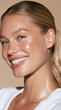 Young woman with glowing, healthy skin smiling in a close up portrait, conveying natural beauty, skincare, hydration, youthful radiance and confident well being