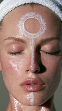 Woman with closed eyes receiving a refreshing facial treatment, applying a creative white cleansing mask pattern for skincare ritual, beauty, wellness, and healthy glowing skin concept