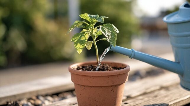 A close-up shot of a small green plant in a terracotta pot being watered with a blue watering can, capturing a peaceful gardening moment in soft natural daylight