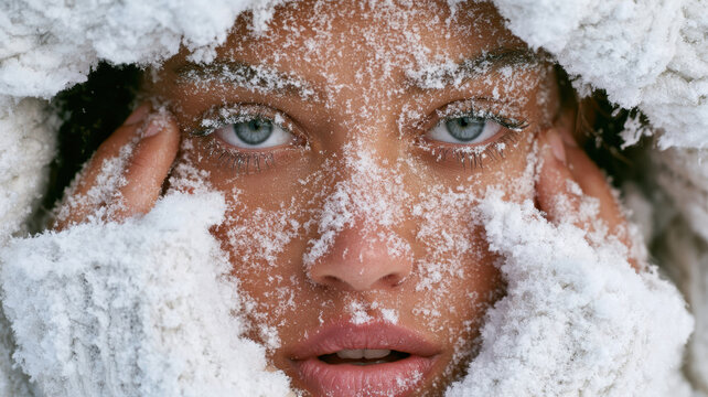 Woman's face covered in frost and snow, eyes intensely looking forward, surrounded by white winter clothing, experiencing extreme cold outdoors during a harsh winter season
