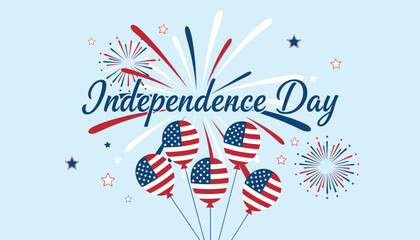 Fototapeta premium Independence day holiday celebration banner with patriotic american flag balloons, stars, and colorful fireworks.