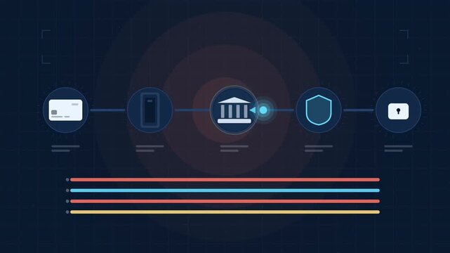 Abstract animated payment travelling from card to bank to approval drawn as blue and cyan lines and shapes on a deep dark background. Seamless looping 4K motion graphics video with free space for text