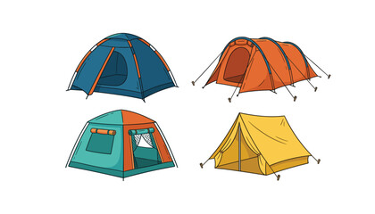 Camping tent icon sticker set vector illustration cartoon dome tunnel cabin ridge tents outdoor adventure tourism equipment collection © MDABULKALAM