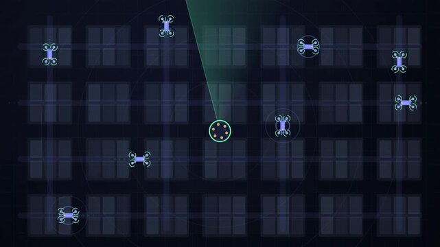 Abstract animated drones flying an assigned air corridor drawn as blue and cyan lines and shapes on a deep dark background. Seamless looping 4K motion graphics video with free space for text, ideal fo