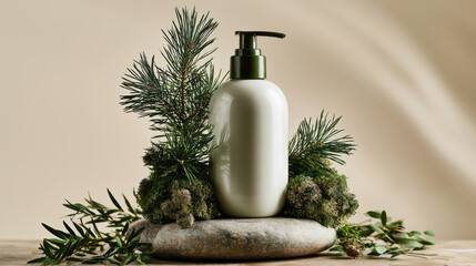 Fototapeta premium White bottle with green pump pine branch moss stone natural skincare eco friendly organic cosmetic clean minimalist design
