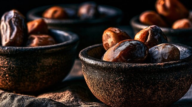 A dramatic editorial composition showcasing date palm fruit inside dark handcrafted ceramic bowls illuminated by directional window light creating luxurious contrast