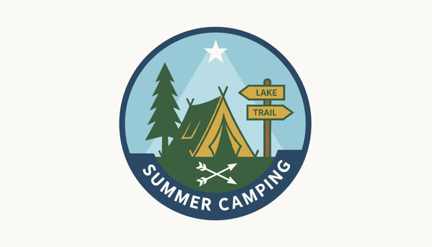 Vintage style summer camping circular badge featuring a classic tent, tall pine tree and wooden trail signs.