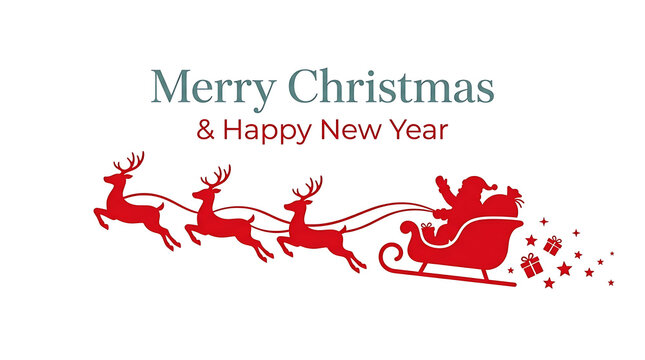 Merry Christmas and Happy New Year greeting, red Santa Claus sleigh with reindeer silhouette, festive holiday card design on white background