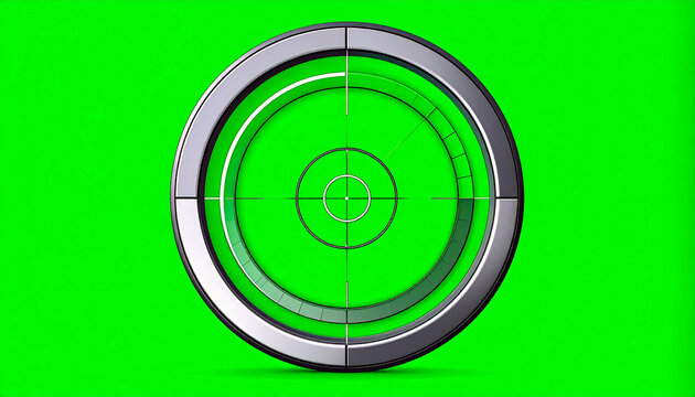 Close-up of a futuristic sniper rifle scope reticle with crosshairs and concentric circles on a vibrant green screen background for visual effects