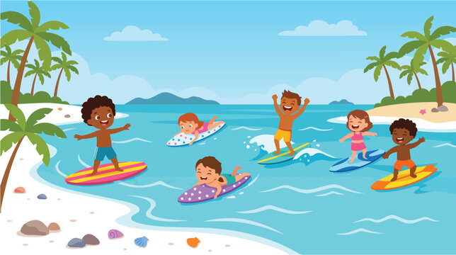 Happy diverse kids surfing on colorful boards at tropical beach, children riding waves in ocean summer vacation cartoon illustration