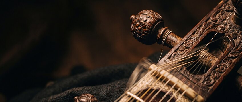 Carved wooden headstock of sitar with intricate floral patterns and steel strings rests on dark fabric for traditional performance.