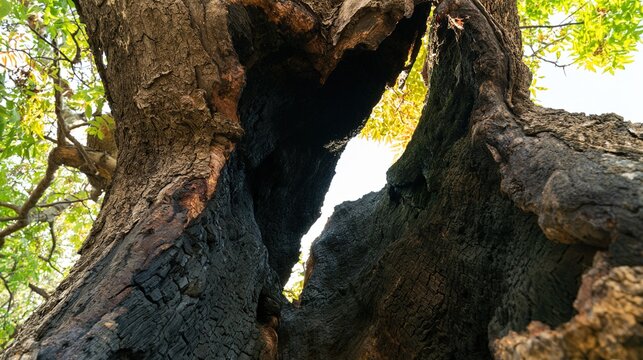 charred. A tree trunk split by lightning with charred interior and new green growth above. ESG reports, sustainability campaigns, designed for sustainability communications and ESG reporting.