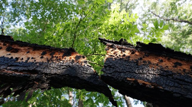 charred. A tree trunk split by lightning with charred interior and new green growth above. ESG reports, sustainability campaigns, designed for sustainability communications and ESG reporting.