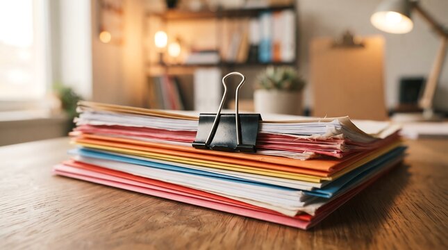 Neat stack of multi colored office reports fastened together by black metal binder clips with colored paper document stack paperwork pile desk setup workplace organiz